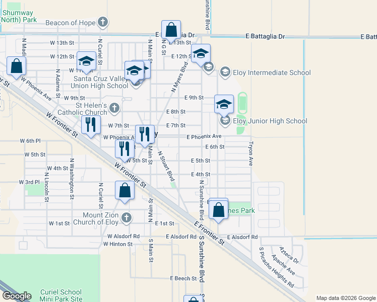 map of restaurants, bars, coffee shops, grocery stores, and more near 207 East 6th Street in Eloy