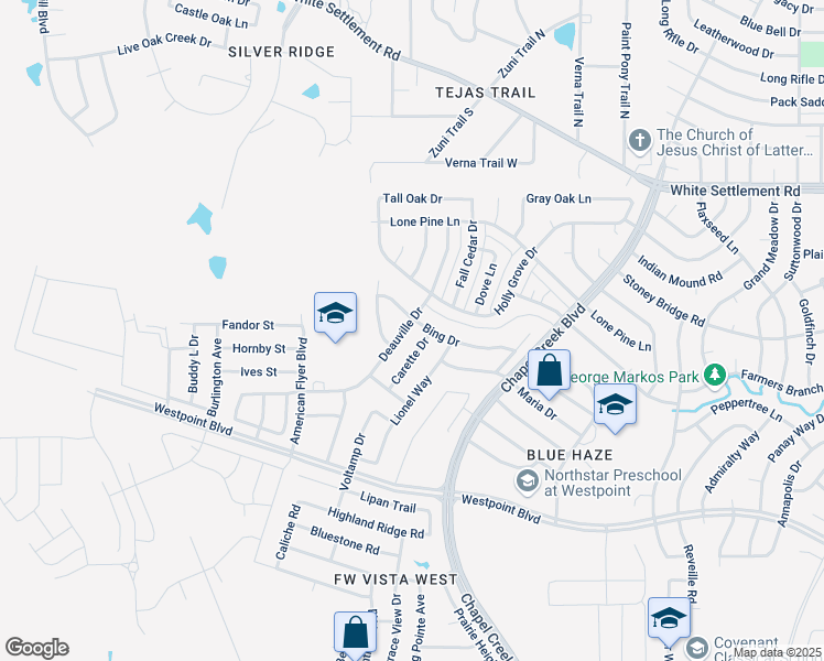 map of restaurants, bars, coffee shops, grocery stores, and more near 605 Deauville Drive in Fort Worth