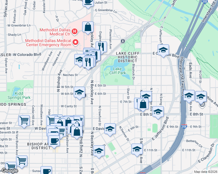 map of restaurants, bars, coffee shops, grocery stores, and more near 233 East 6th Street in Dallas