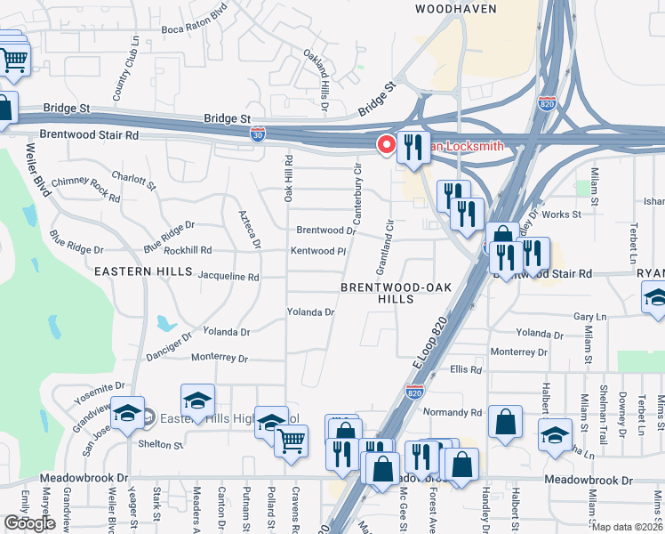 map of restaurants, bars, coffee shops, grocery stores, and more near 6233 Windermere Place in Fort Worth