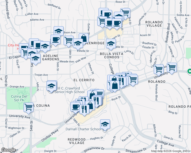 map of restaurants, bars, coffee shops, grocery stores, and more near 4227 East Overlook Drive in San Diego
