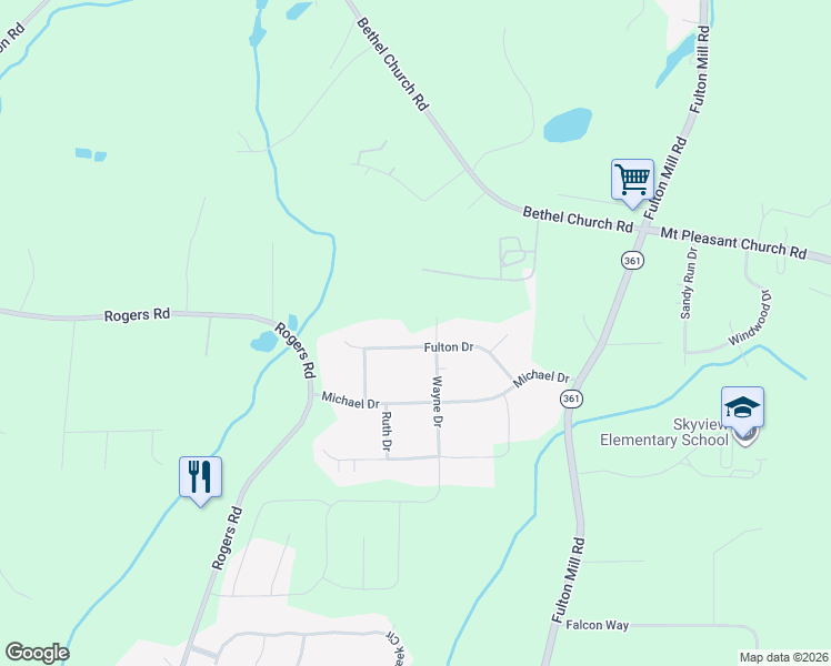 map of restaurants, bars, coffee shops, grocery stores, and more near 6418 Fulton Drive in Lizella