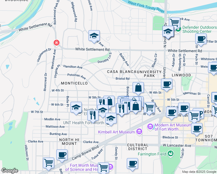 map of restaurants, bars, coffee shops, grocery stores, and more near 3559 West 4th Street in Fort Worth