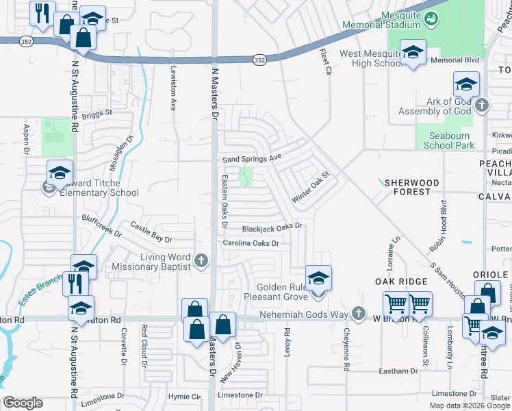 map of restaurants, bars, coffee shops, grocery stores, and more near 10312 Ridge Oak Street in Dallas