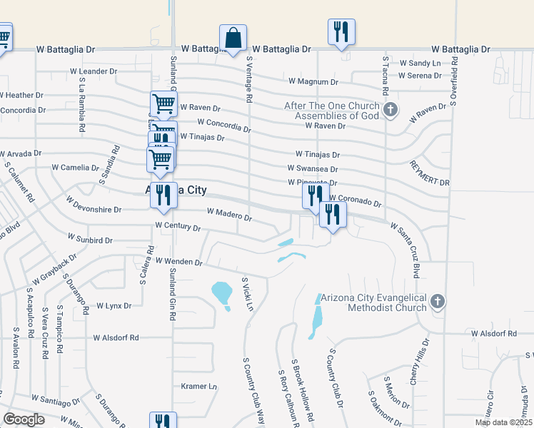 map of restaurants, bars, coffee shops, grocery stores, and more near 9151 West Madero Drive in Arizona City