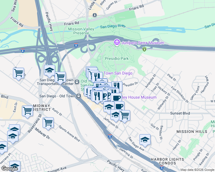 map of restaurants, bars, coffee shops, grocery stores, and more near 4015 Twiggs Street in San Diego