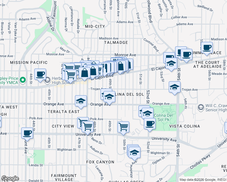 map of restaurants, bars, coffee shops, grocery stores, and more near 4921 Trojan Avenue in San Diego