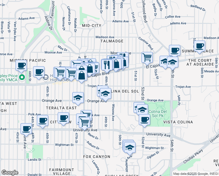map of restaurants, bars, coffee shops, grocery stores, and more near 4921 Trojan Avenue in San Diego