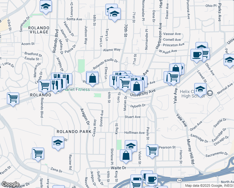 map of restaurants, bars, coffee shops, grocery stores, and more near 4220 Lois Street in La Mesa