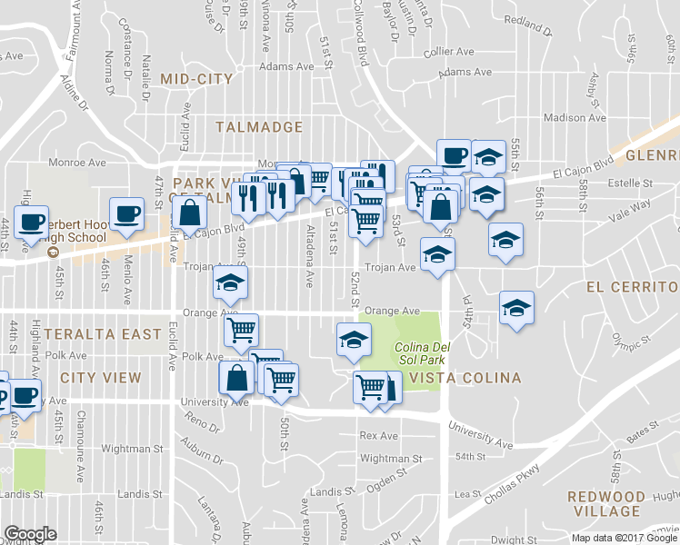 map of restaurants, bars, coffee shops, grocery stores, and more near 4262 52nd Street in San Diego