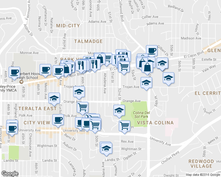map of restaurants, bars, coffee shops, grocery stores, and more near 4253 Altadena Avenue in San Diego