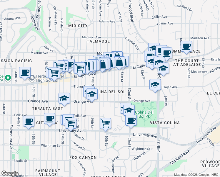 map of restaurants, bars, coffee shops, grocery stores, and more near in San Diego