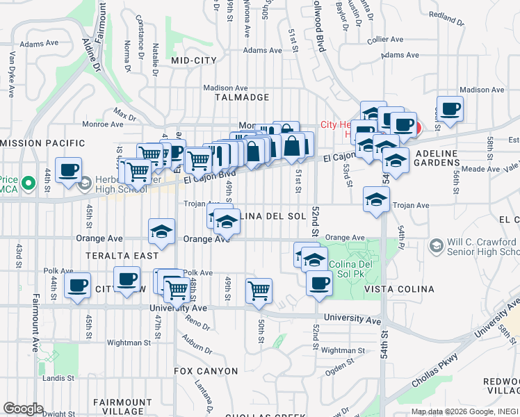 map of restaurants, bars, coffee shops, grocery stores, and more near in San Diego