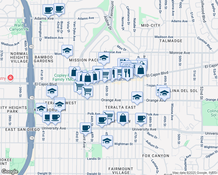 map of restaurants, bars, coffee shops, grocery stores, and more near 4233 45th Street in San Diego