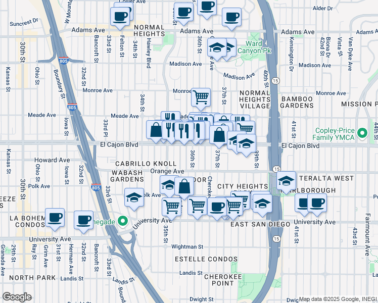 map of restaurants, bars, coffee shops, grocery stores, and more near 4235 36th Street in San Diego