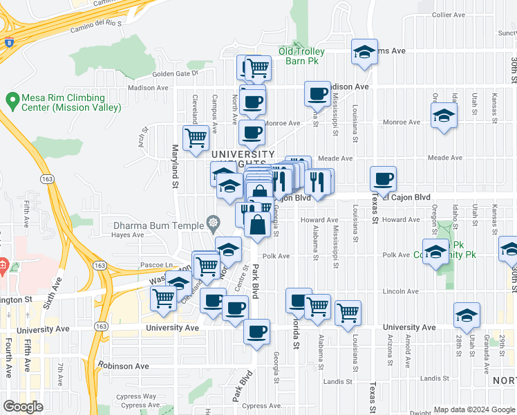 map of restaurants, bars, coffee shops, grocery stores, and more near 1836 Howard Avenue in San Diego