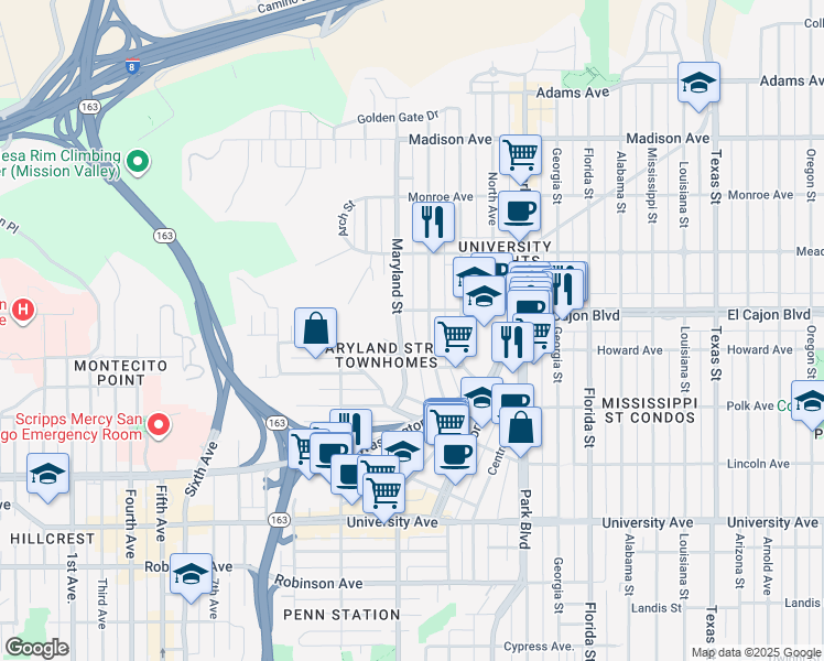 map of restaurants, bars, coffee shops, grocery stores, and more near 4214 Cleveland Avenue in San Diego