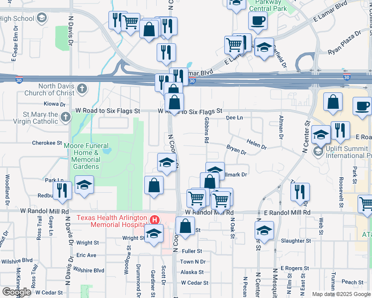 map of restaurants, bars, coffee shops, grocery stores, and more near 1315 North Cooper Street in Arlington