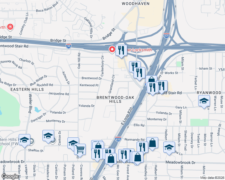 map of restaurants, bars, coffee shops, grocery stores, and more near 1740 Sheffield Place in Fort Worth