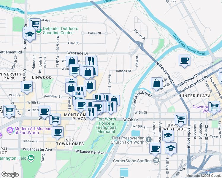 map of restaurants, bars, coffee shops, grocery stores, and more near 411 Harrold Street in Fort Worth