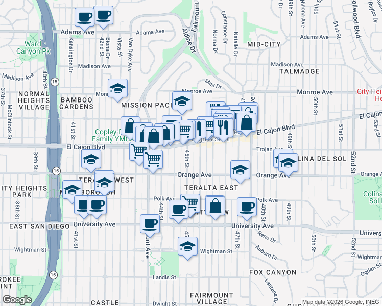 map of restaurants, bars, coffee shops, grocery stores, and more near 4271 45th Street in San Diego