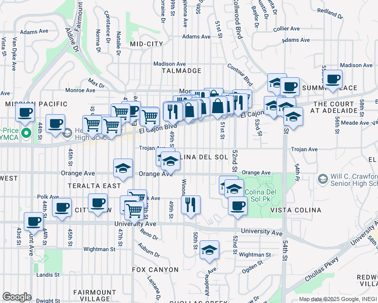 map of restaurants, bars, coffee shops, grocery stores, and more near 4953 Trojan Avenue in San Diego