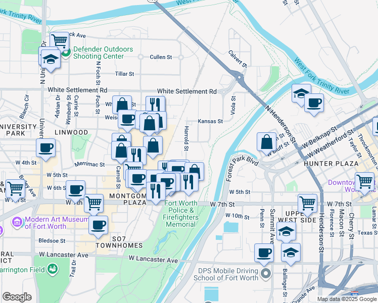 map of restaurants, bars, coffee shops, grocery stores, and more near 411 Harrold Street in Fort Worth