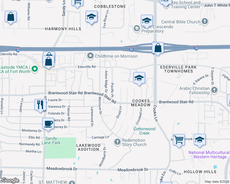 map of restaurants, bars, coffee shops, grocery stores, and more near 1732 Pacific Place in Fort Worth