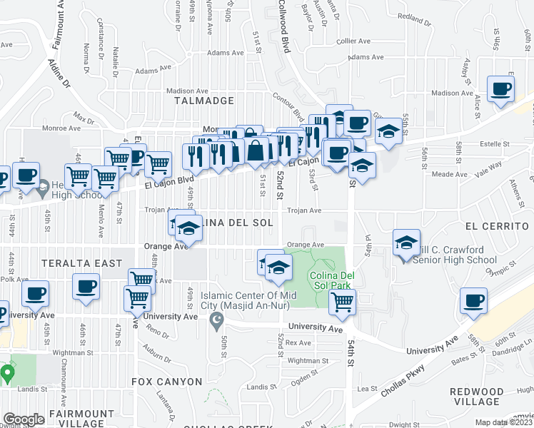 map of restaurants, bars, coffee shops, grocery stores, and more near 4293 51st Street in San Diego