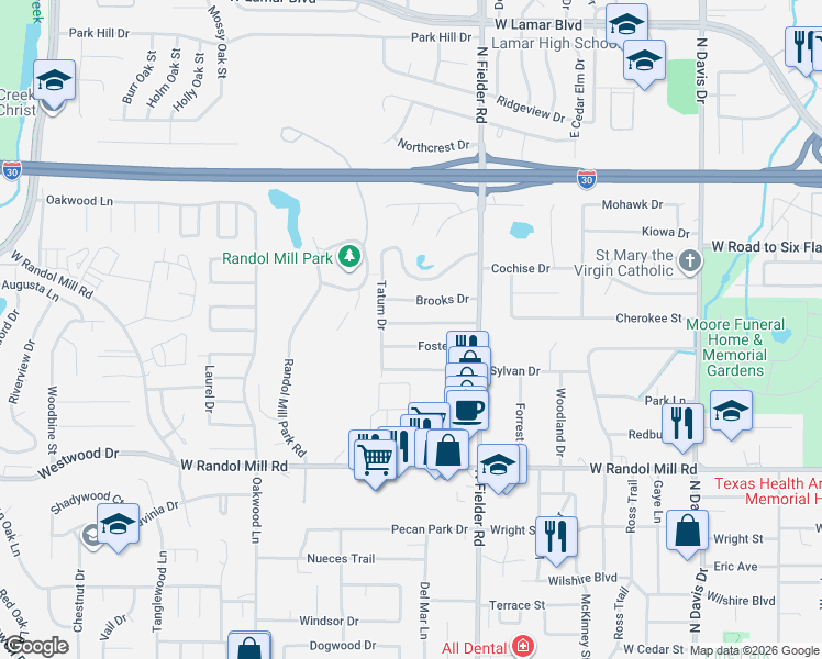 map of restaurants, bars, coffee shops, grocery stores, and more near 1718 Brooks Drive in Arlington
