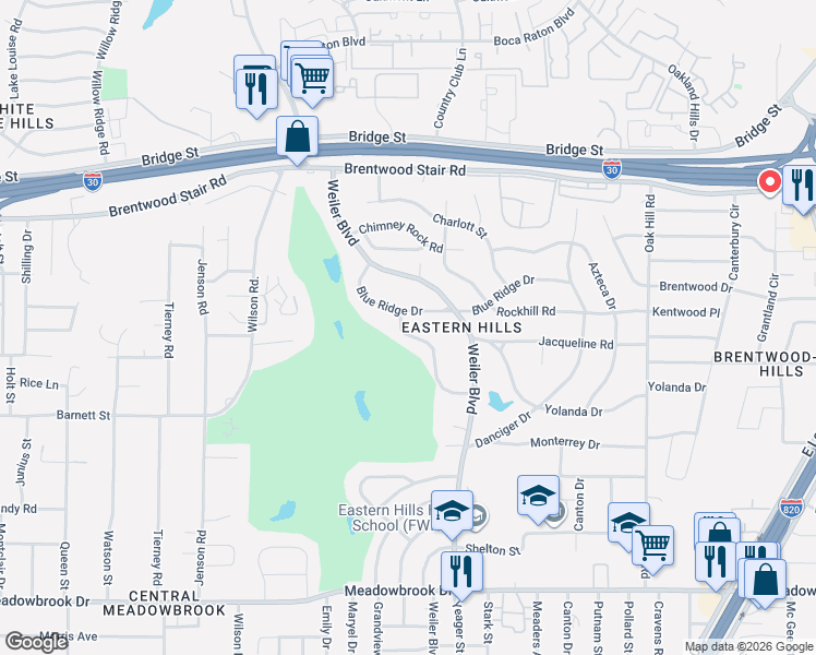 map of restaurants, bars, coffee shops, grocery stores, and more near 5629 Blue Ridge Drive in Fort Worth