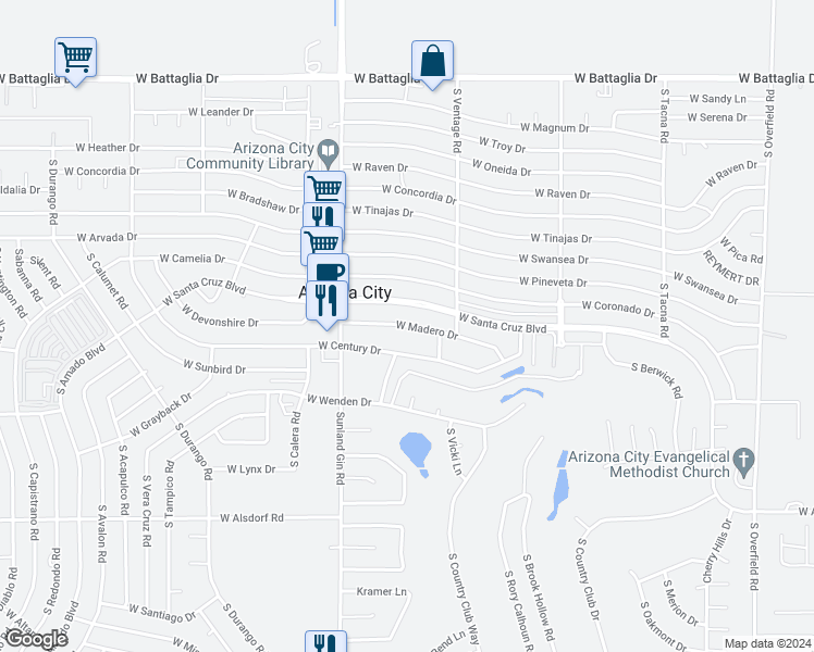map of restaurants, bars, coffee shops, grocery stores, and more near 9363 W Madero Dr in Casa Grande
