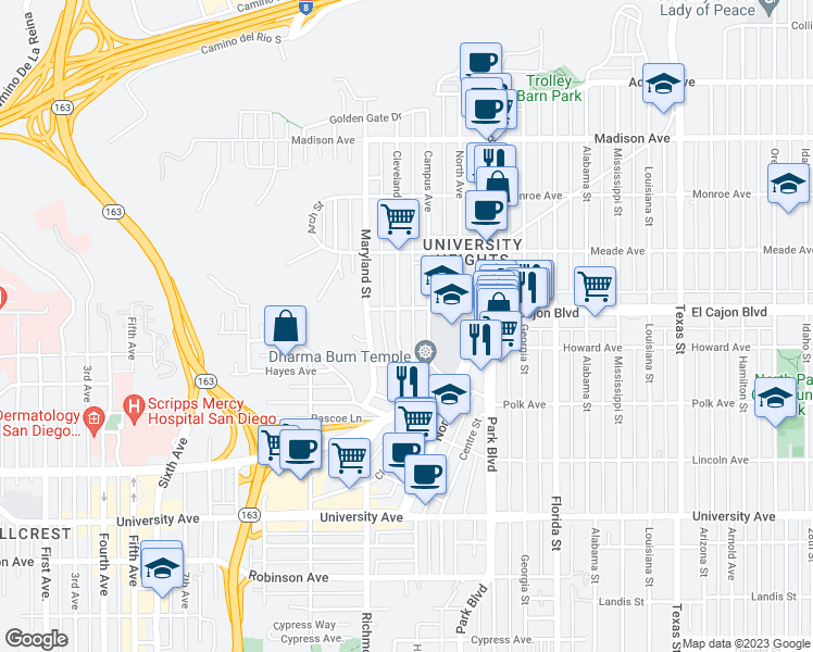 map of restaurants, bars, coffee shops, grocery stores, and more near 1440 Van Buren Avenue in San Diego