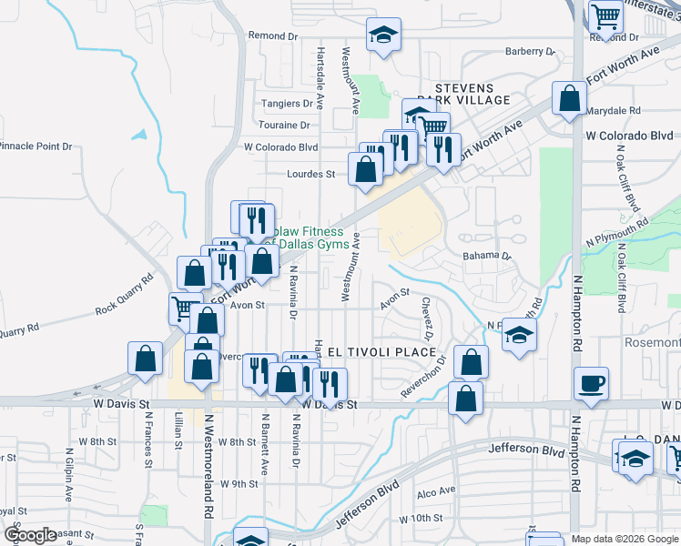 map of restaurants, bars, coffee shops, grocery stores, and more near 1100 Hartsdale Drive in Dallas