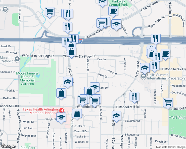 map of restaurants, bars, coffee shops, grocery stores, and more near 407 Bryan Drive in Arlington