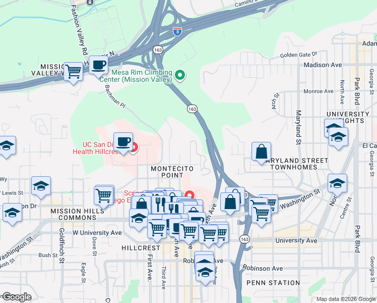 map of restaurants, bars, coffee shops, grocery stores, and more near 4314 Fifth Avenue in San Diego