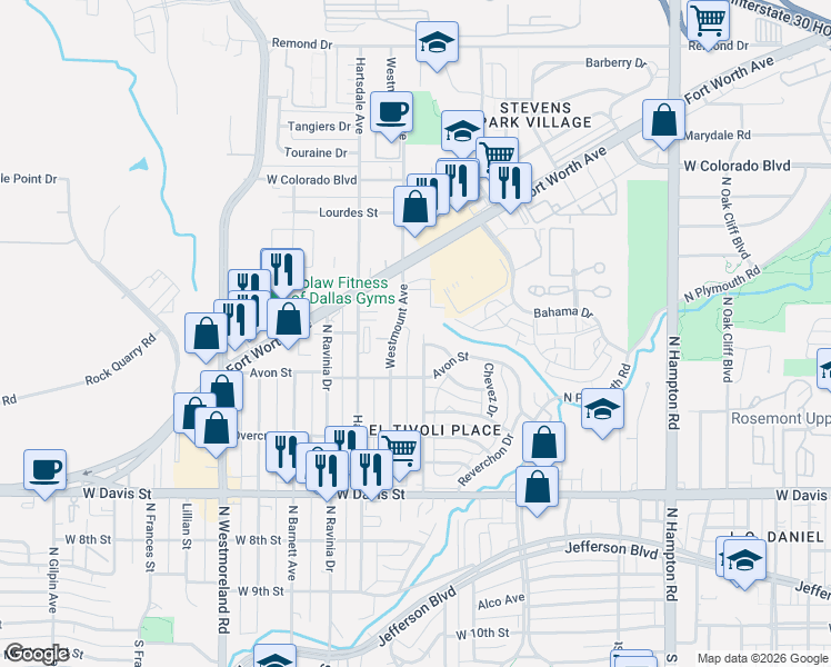 map of restaurants, bars, coffee shops, grocery stores, and more near 1126 Westmount Avenue in Dallas
