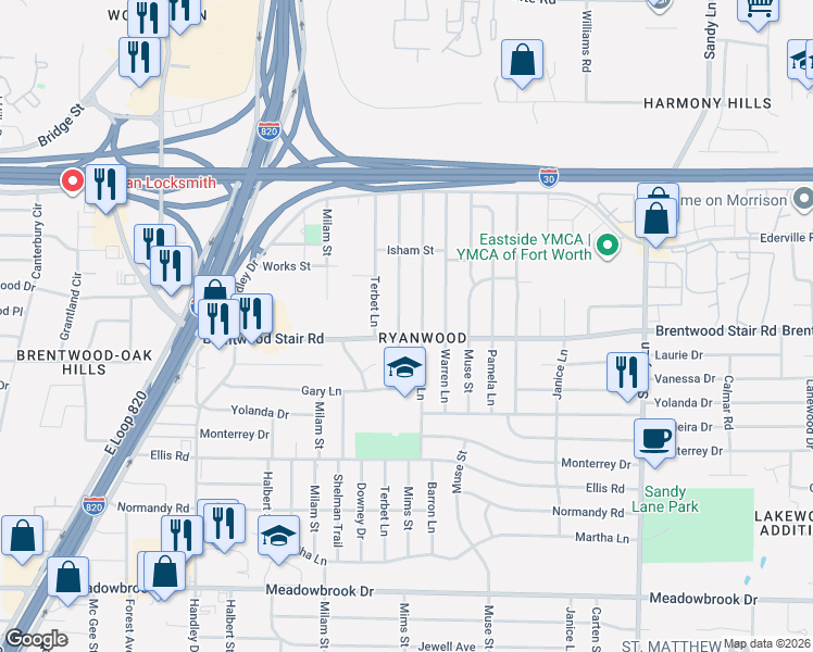 map of restaurants, bars, coffee shops, grocery stores, and more near 1532 Barron Lane in Fort Worth