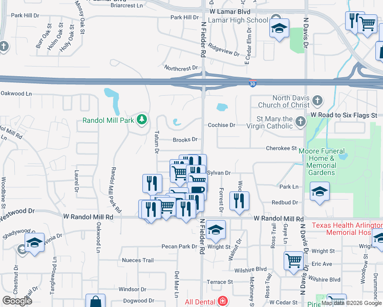 map of restaurants, bars, coffee shops, grocery stores, and more near 1704 Brooks Drive in Arlington