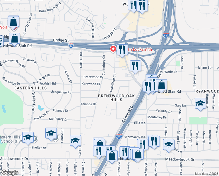 map of restaurants, bars, coffee shops, grocery stores, and more near 1601 Grantland Circle in Fort Worth