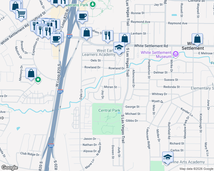 map of restaurants, bars, coffee shops, grocery stores, and more near 409 Parkside Drive in Fort Worth