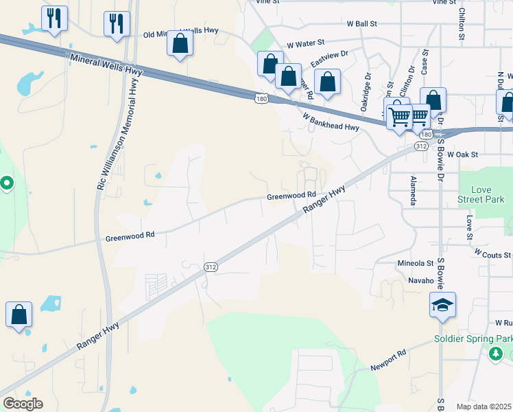 map of restaurants, bars, coffee shops, grocery stores, and more near 1563 Greenwood Road in Weatherford