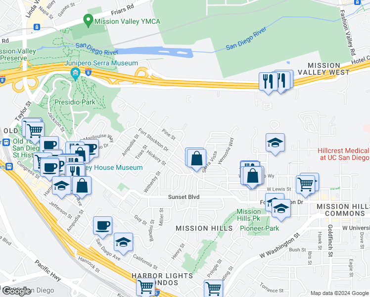 map of restaurants, bars, coffee shops, grocery stores, and more near 2166 Pine Street in San Diego