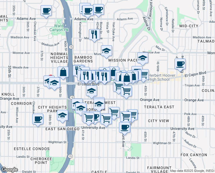 map of restaurants, bars, coffee shops, grocery stores, and more near 4244 El Cajon Boulevard in San Diego
