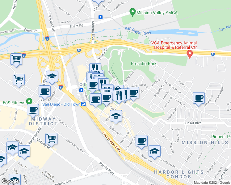 map of restaurants, bars, coffee shops, grocery stores, and more near 4110 Twiggs Street in San Diego