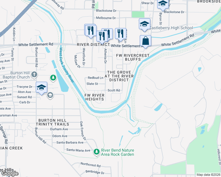 map of restaurants, bars, coffee shops, grocery stores, and more near 5100 Slate Street in Fort Worth