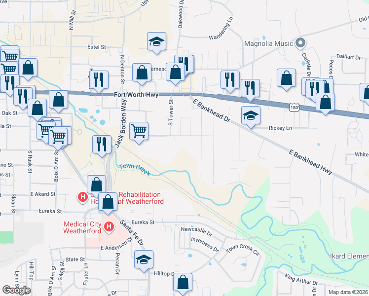 map of restaurants, bars, coffee shops, grocery stores, and more near 227 South Tower Street in Weatherford