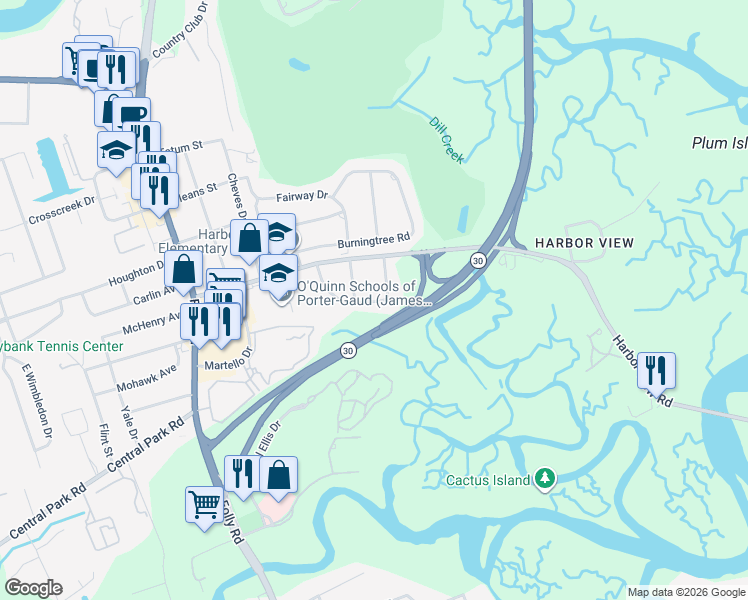 map of restaurants, bars, coffee shops, grocery stores, and more near 1506B Theresa Drive in Charleston