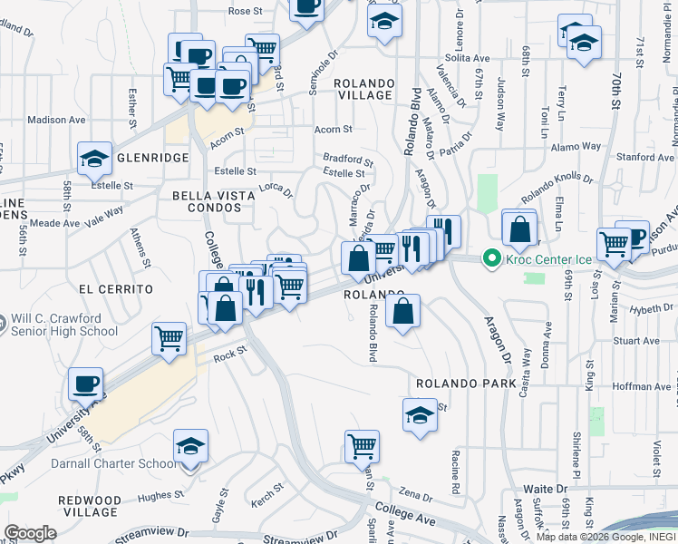 map of restaurants, bars, coffee shops, grocery stores, and more near 6318 Malcolm Drive in San Diego