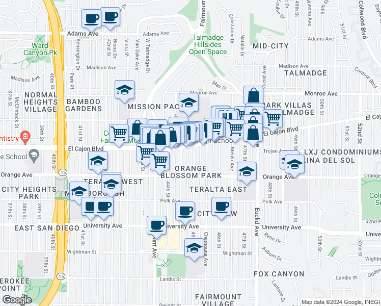 map of restaurants, bars, coffee shops, grocery stores, and more near 4474 45th Street in San Diego